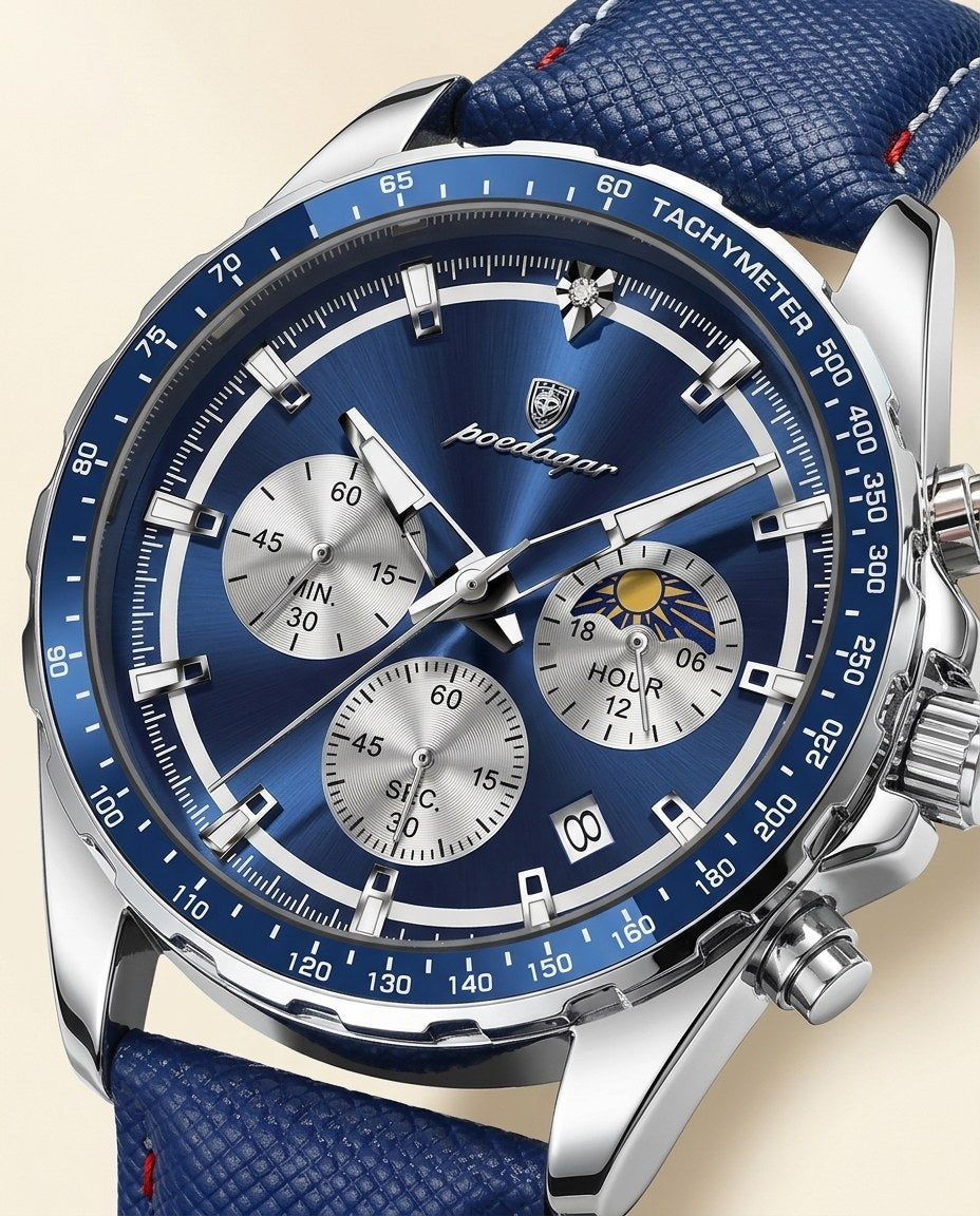 Tachymeter Moonphase Chronograph Silver case, Blue dial dial close-up