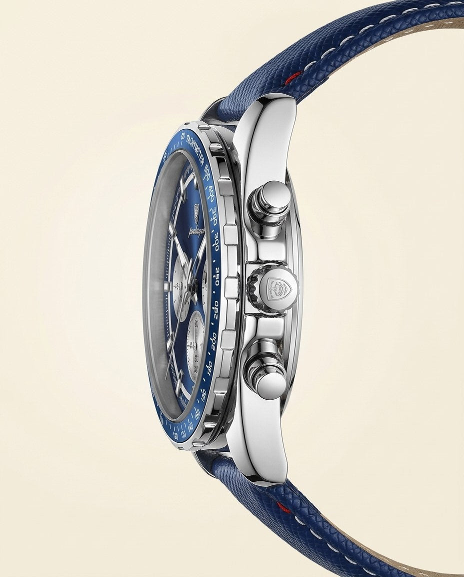 Tachymeter Moonphase Chronograph Silver case, Blue dial crown side