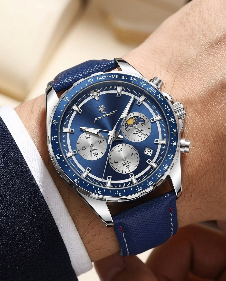 Tachymeter Moonphase Chronograph Silver case, Blue dial on the wrist