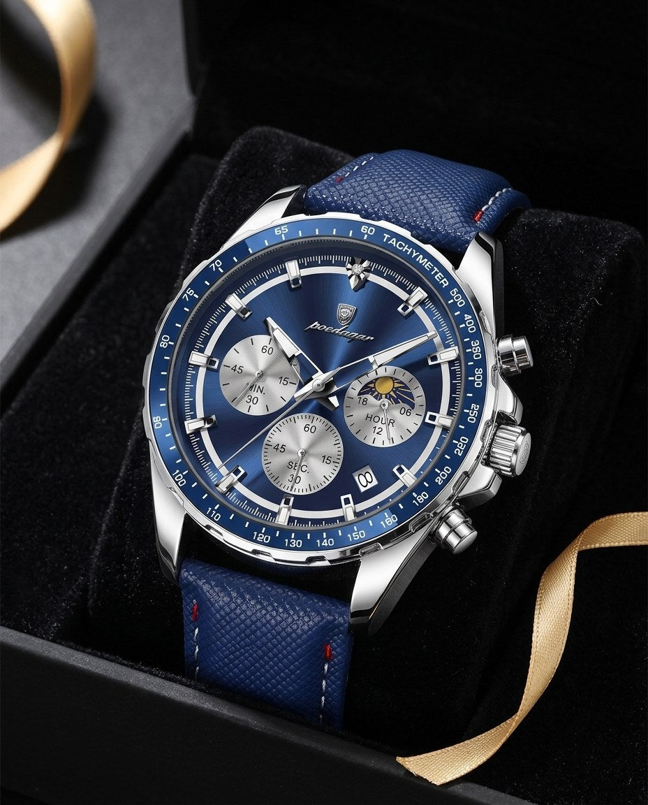 Tachymeter Moonphase Chronograph Silver case, Blue dial in the gift box