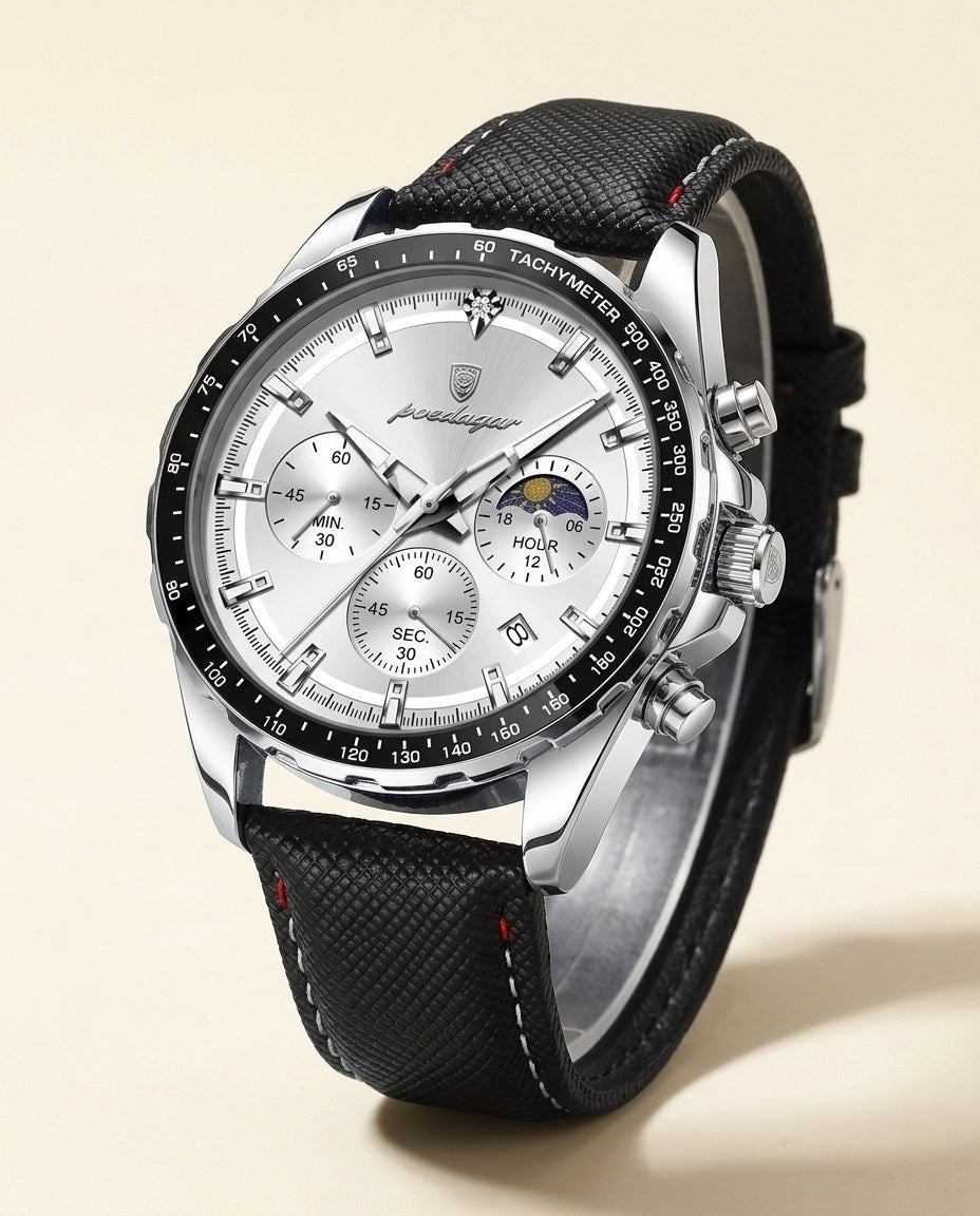 Tachymeter Moonphase Chronograph Silver case, White dial