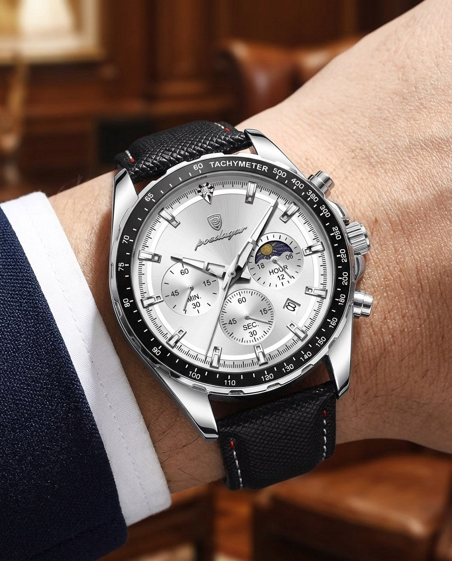 Tachymeter Moonphase Chronograph Silver case, White dial on the wrist