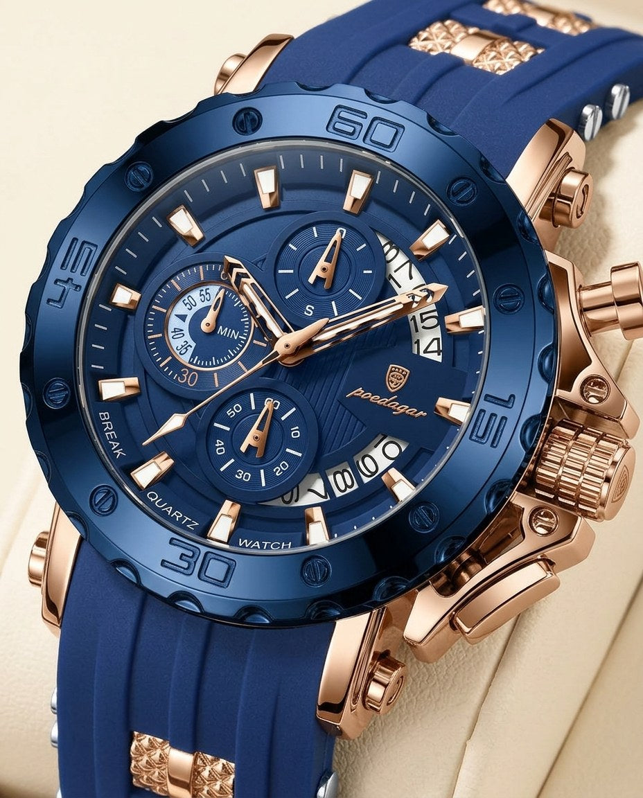Titan Sport Chronograph (Silicone) Rose Gold case, Blue dial dial close-up