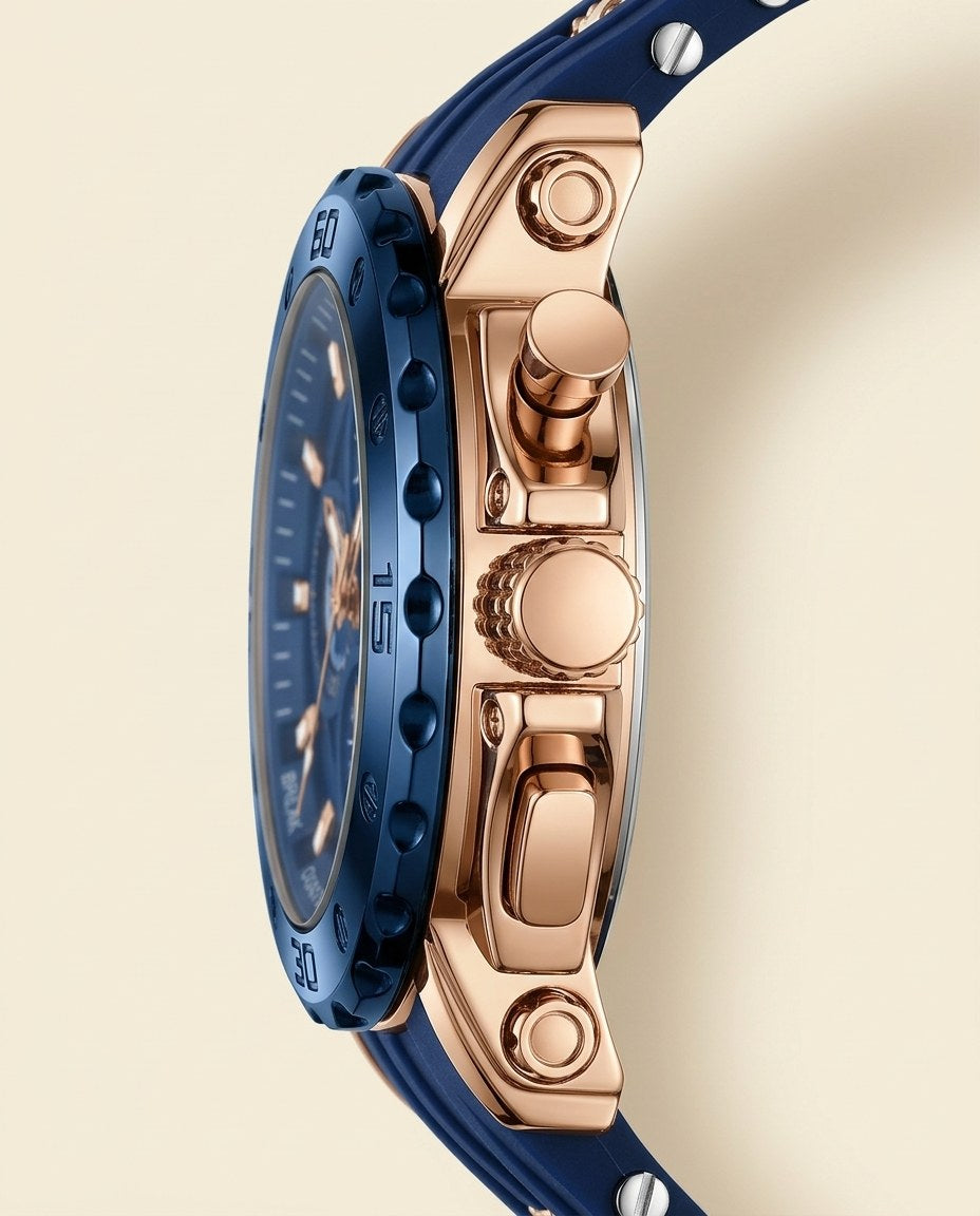 Titan Sport Chronograph (Silicone) Rose Gold case, Blue dial crown side