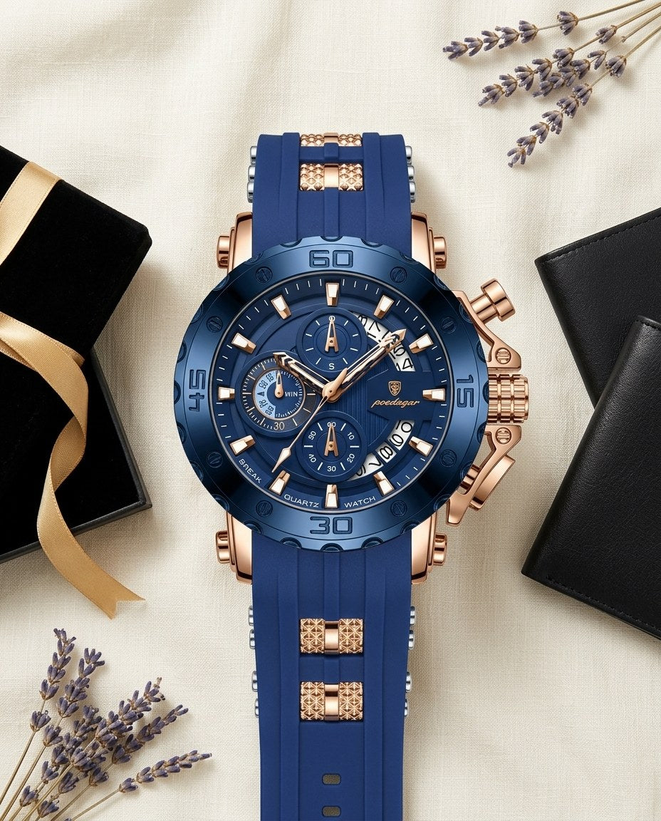 Titan Sport Chronograph (Silicone) Rose Gold case, Blue dial flat lay