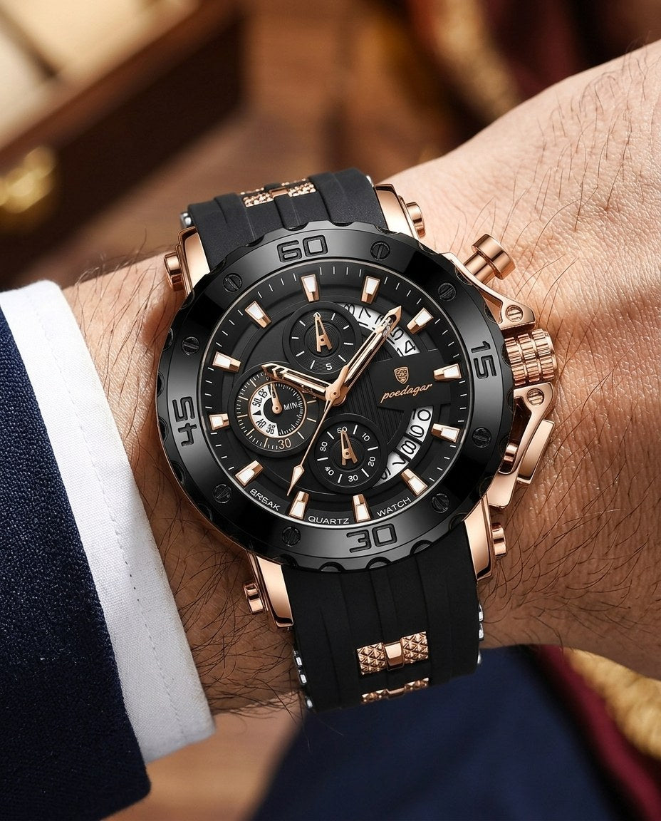 Titan Sport Chronograph (Silicone) Rose Gold case, Black dial on the wrist