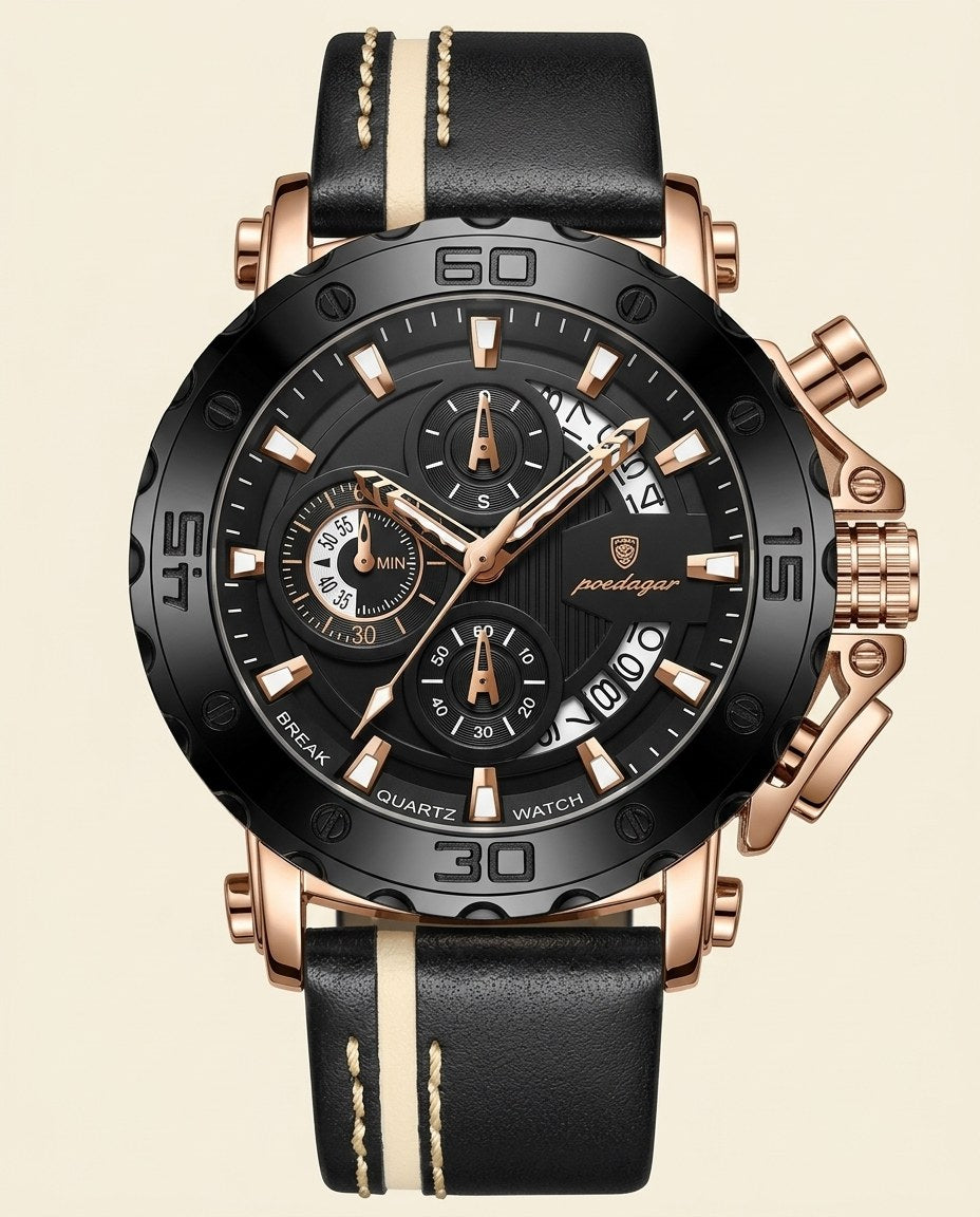 Titan Sport Chronograph (Leather) Rose Gold case, Black dial front