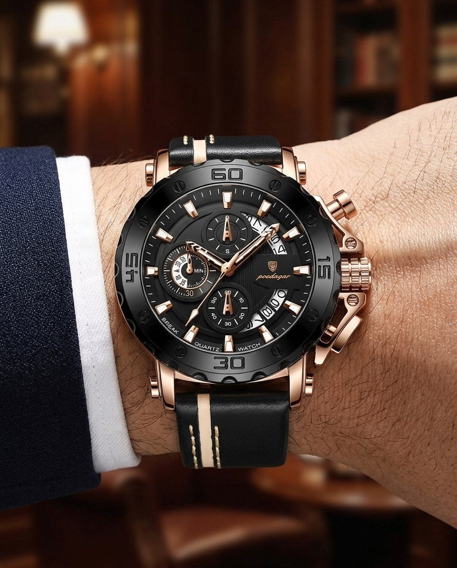 Titan Sport Chronograph (Leather) Rose Gold case, Black dial on the wrist