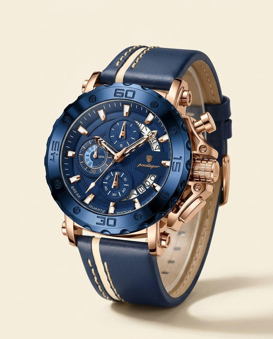 Titan Sport Chronograph (Leather) Rose Gold case, Blue dial