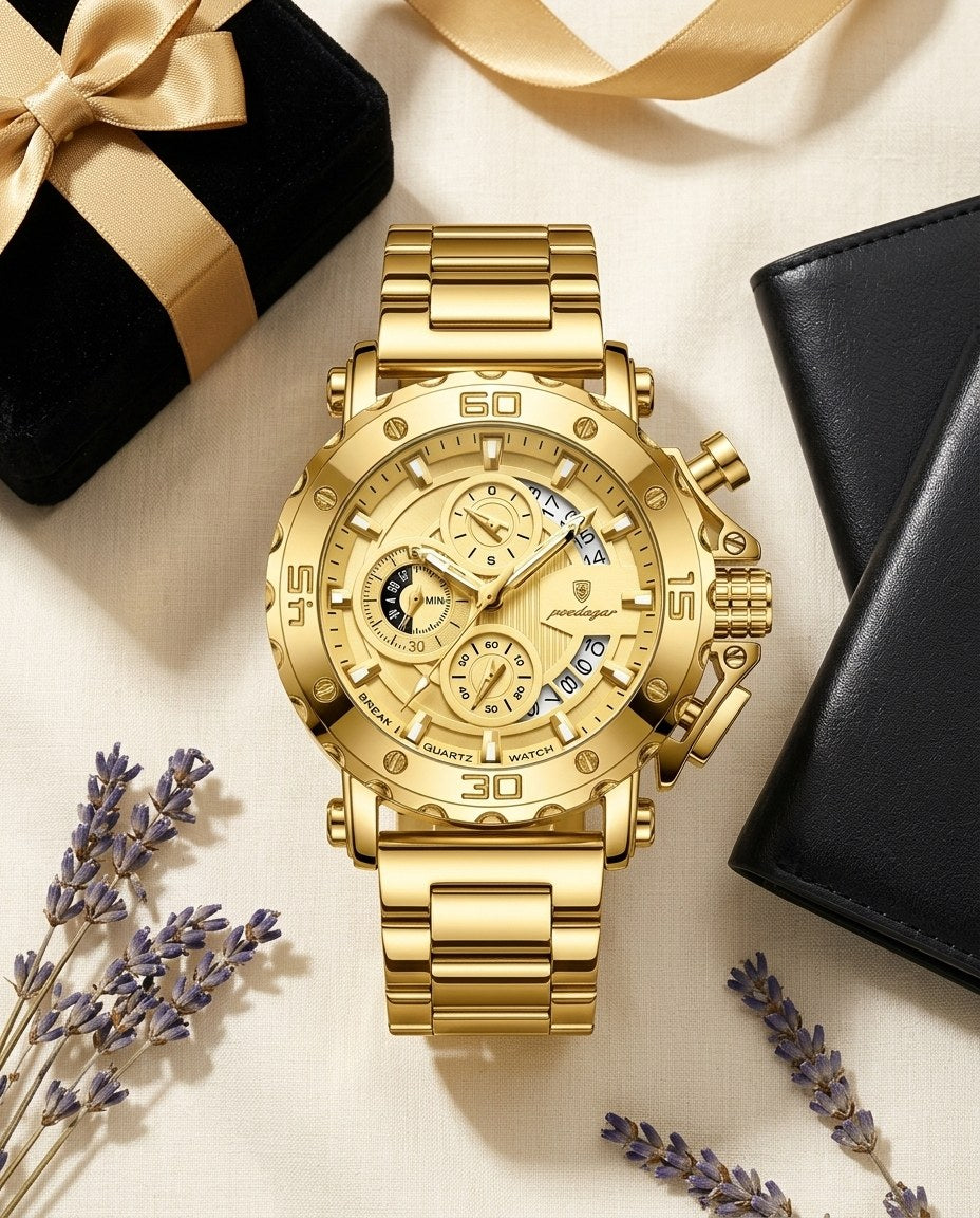 Titan Sport Chronograph (Steel Mesh) Gold case, Gold dial flat lay