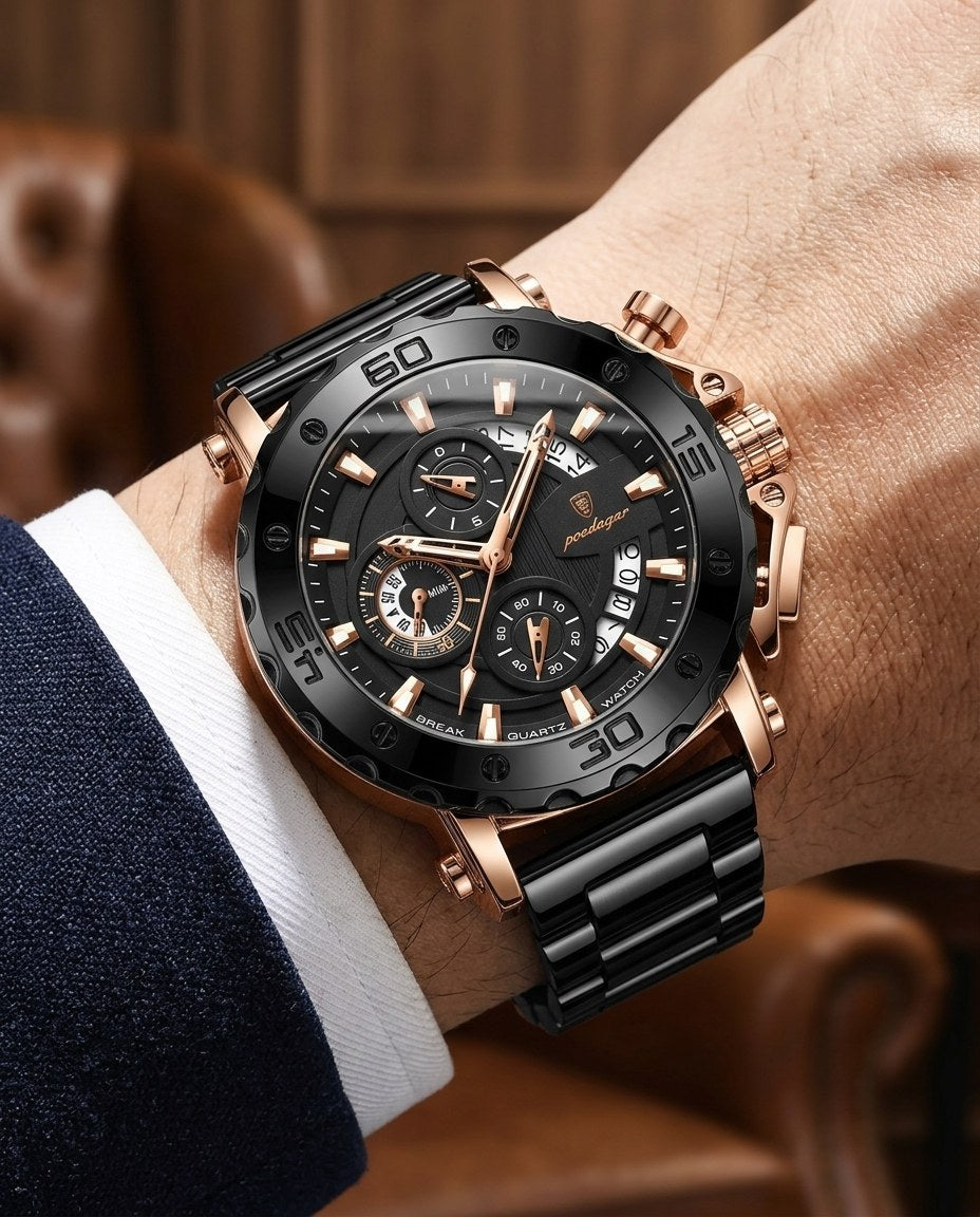 Titan Sport Chronograph (Steel Mesh) Rose Gold case, Black dial on the wrist