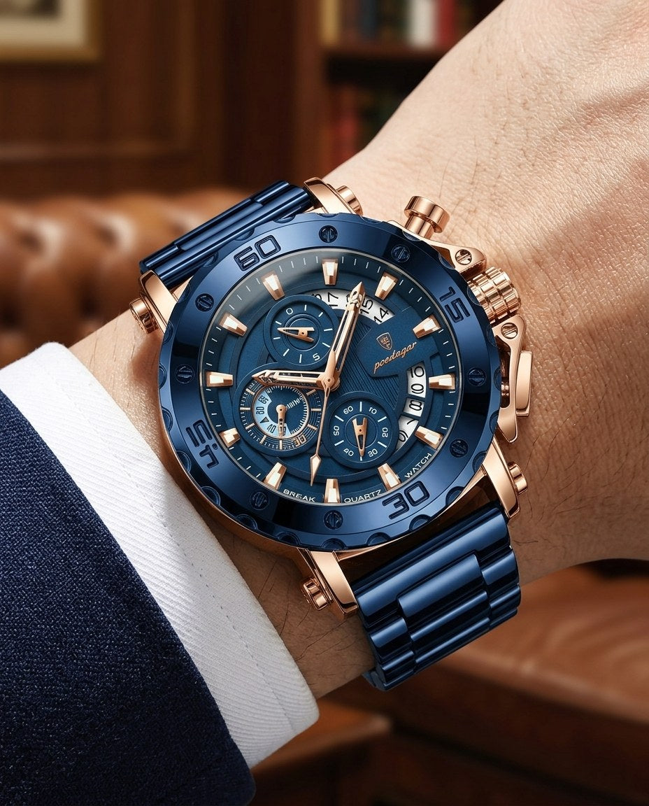 Titan Sport Chronograph (Steel Mesh) Rose Gold case, Blue dial on the wrist