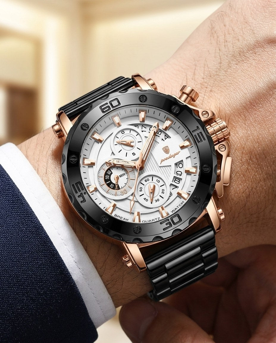 Titan Sport Chronograph (Steel Mesh) Rose Gold case, White dial on the wrist