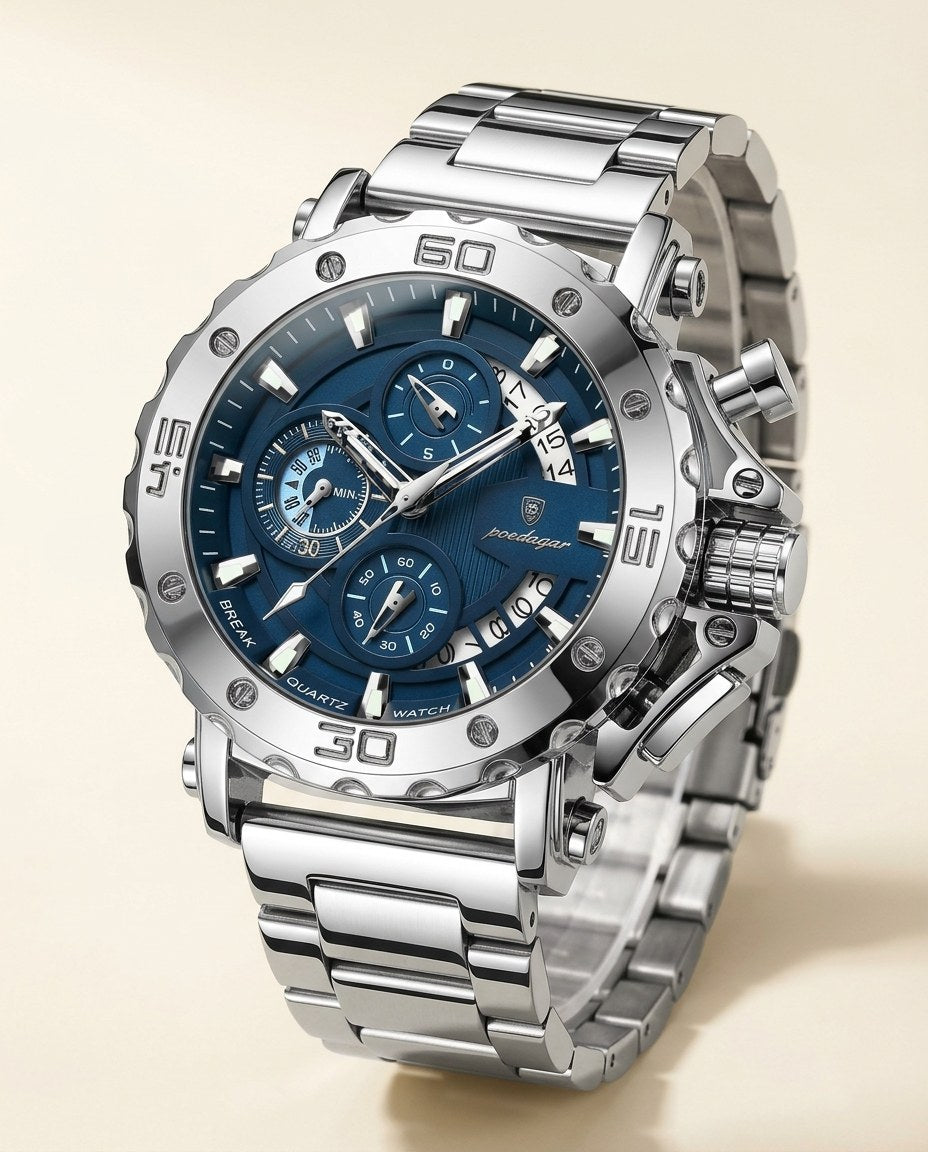 Titan Sport Chronograph (Steel Mesh) Silver case, Blue dial