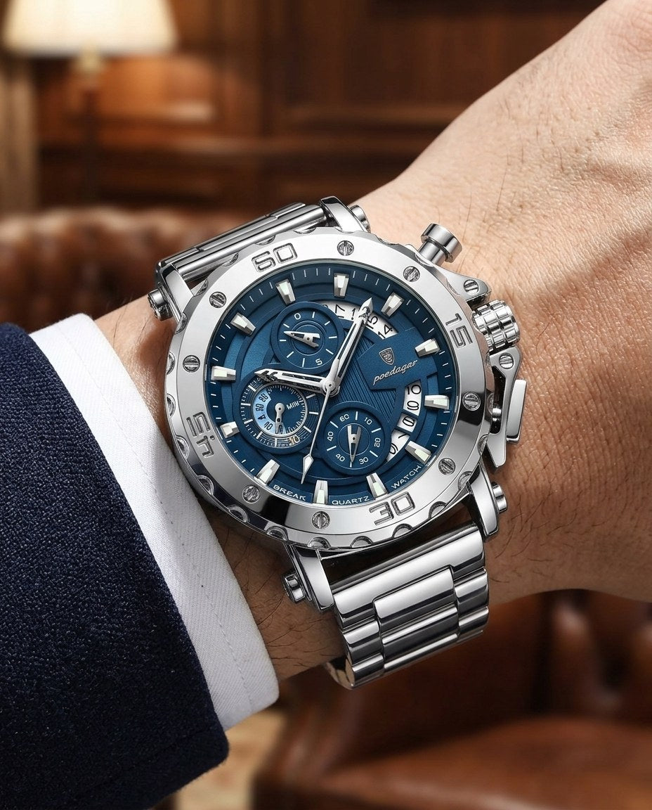 Titan Sport Chronograph (Steel Mesh) Silver case, Blue dial on the wrist