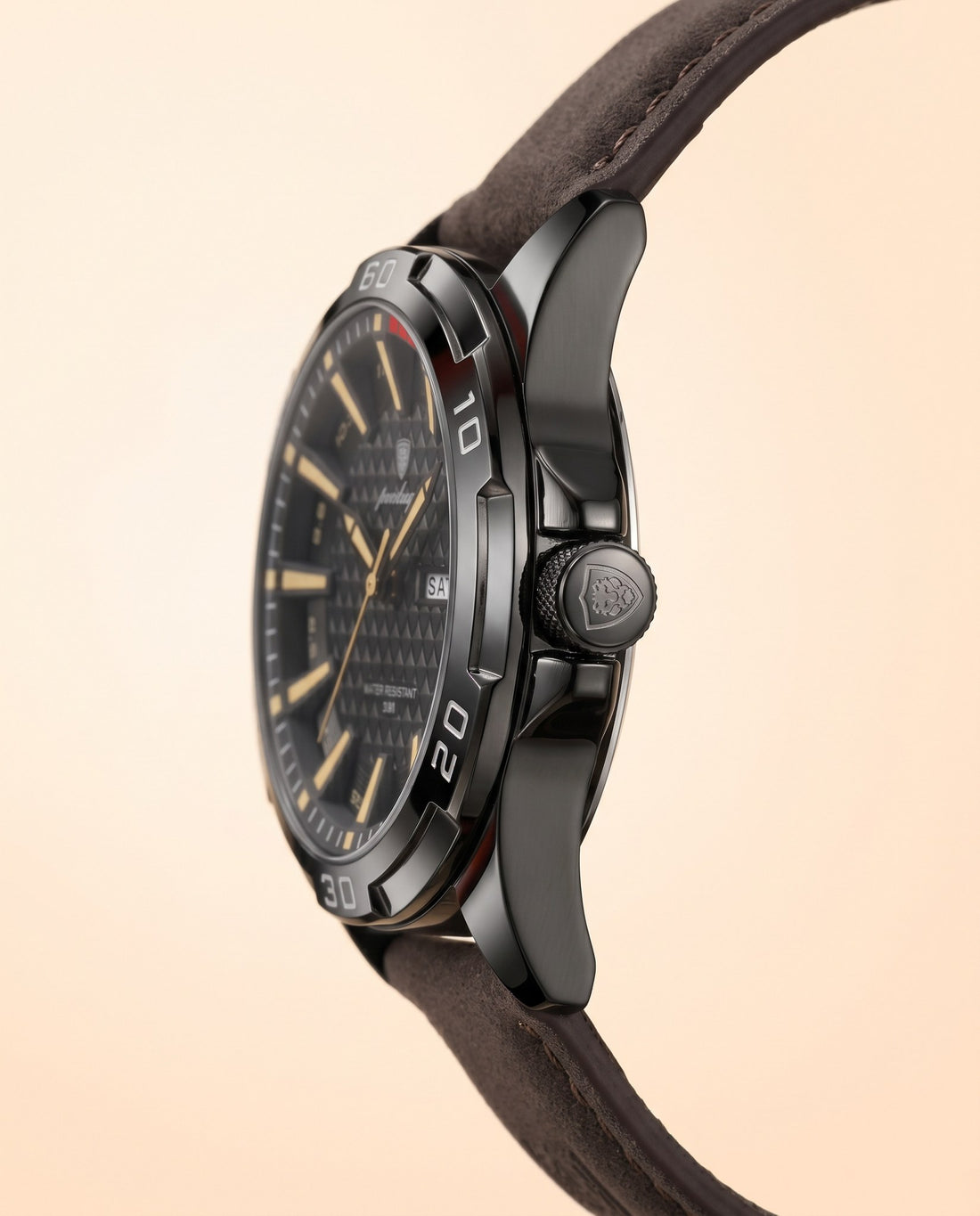 Turbo Racing Day-Date Black case, Gold dial crown side