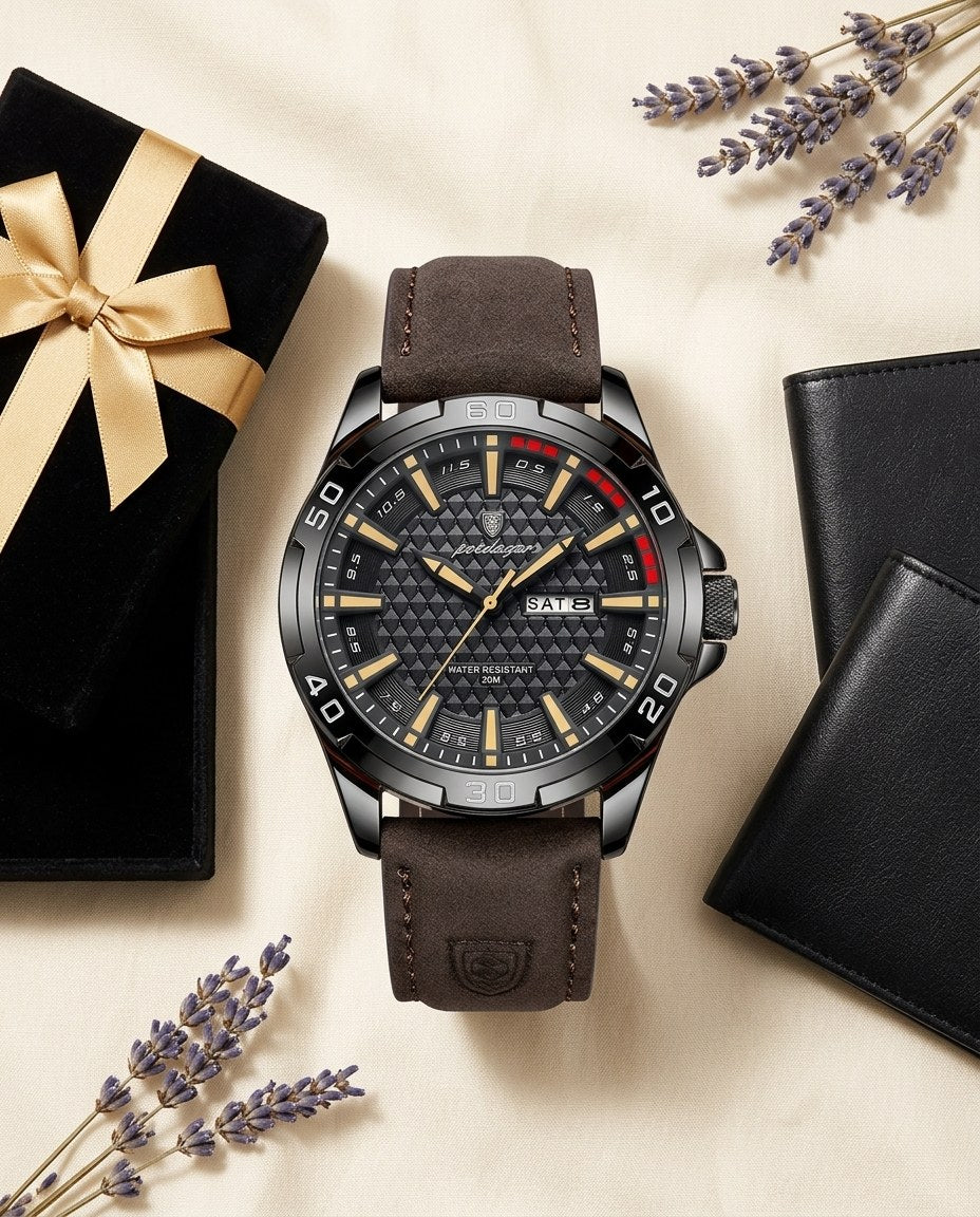 Turbo Racing Day-Date Black case, Gold dial flat lay