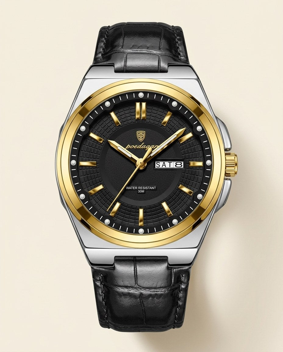 Executive Day-Date (Leather) Gold case, Black dial front