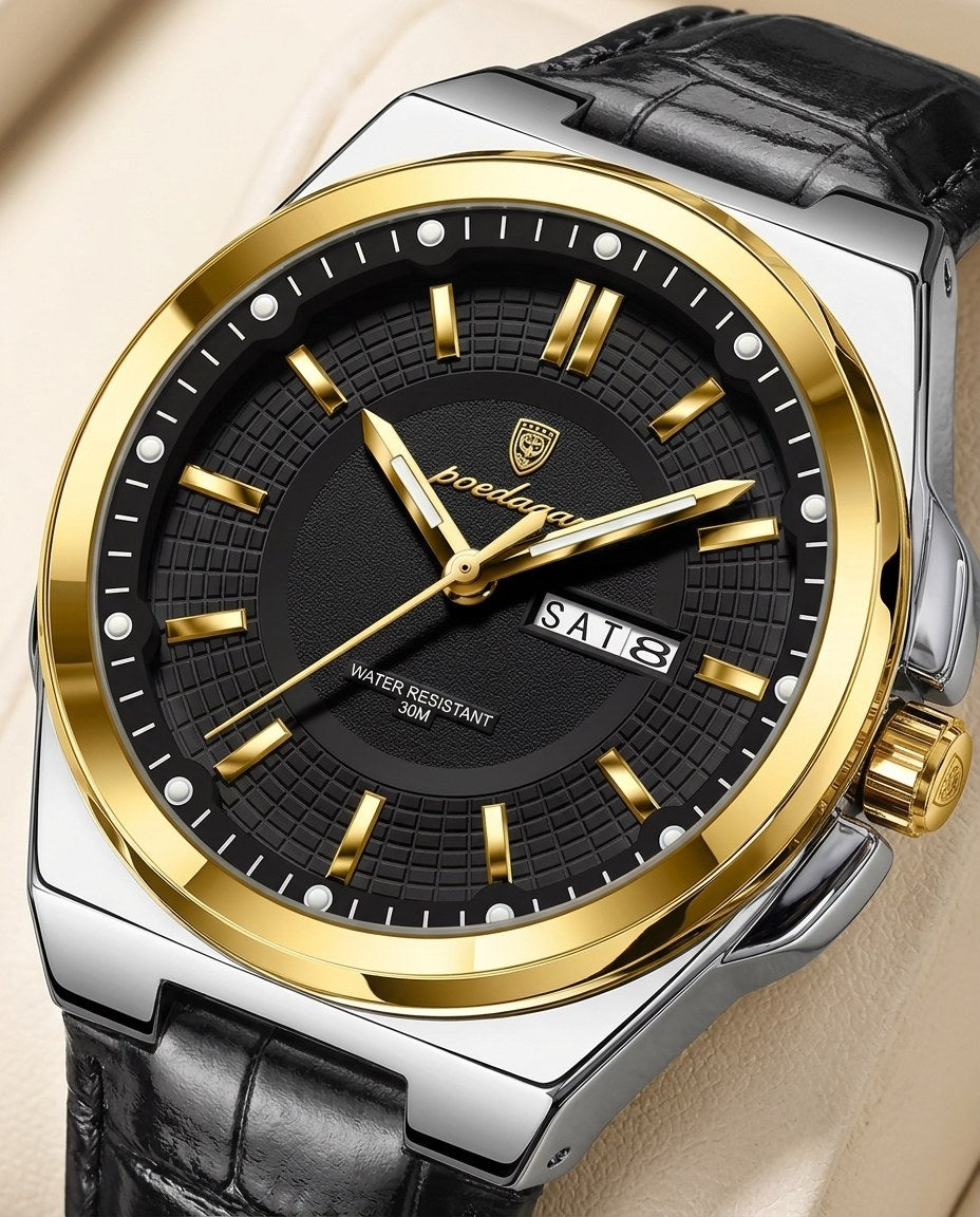 Executive Day-Date (Leather) Gold case, Black dial dial close-up