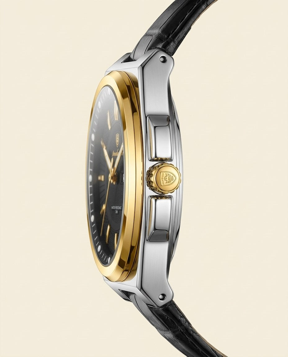 Executive Day-Date (Leather) Gold case, Black dial crown side