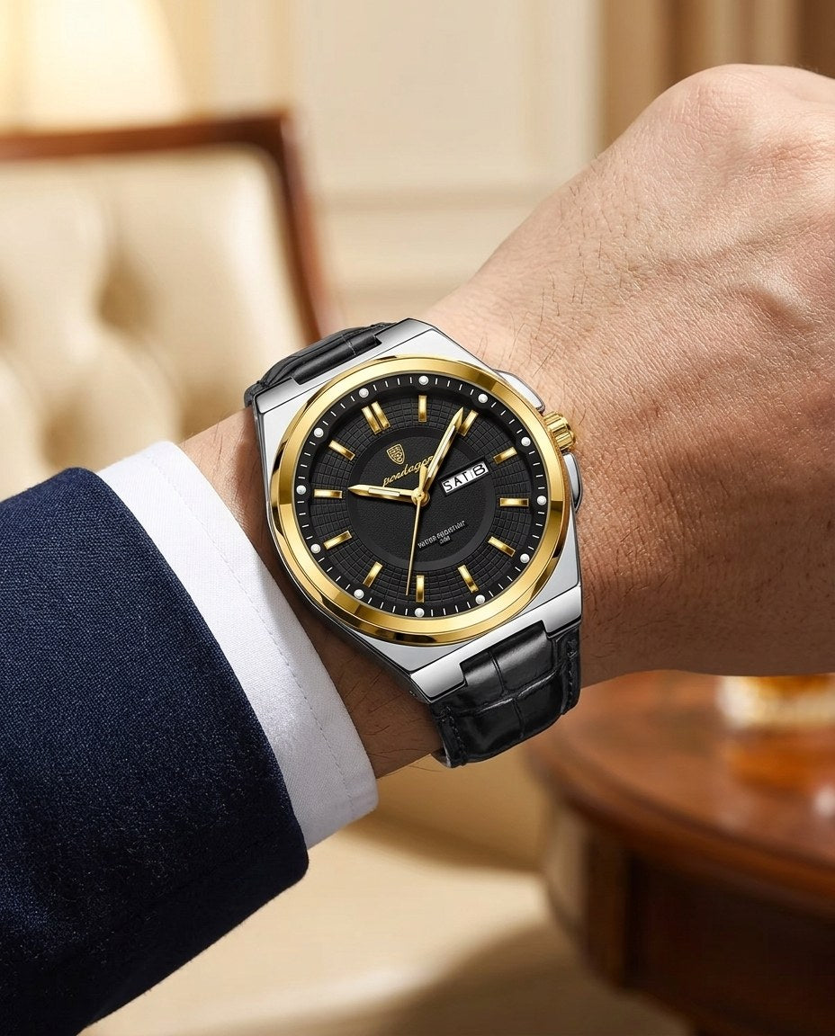 Executive Day-Date (Leather) Gold case, Black dial on the wrist