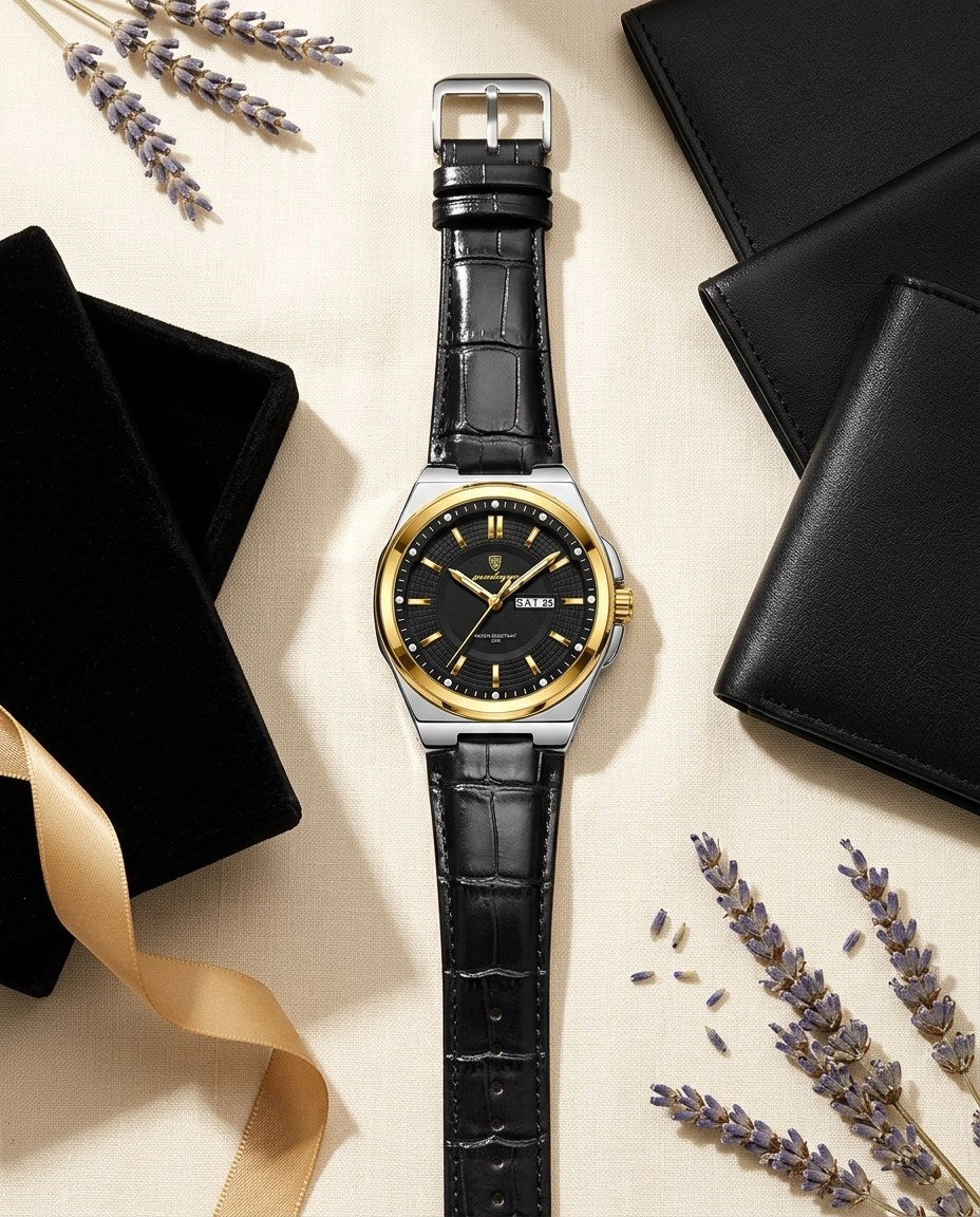 Executive Day-Date (Leather) Gold case, Black dial flat lay
