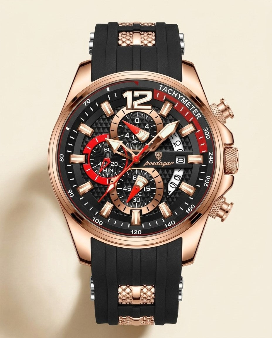 Velocity Sport Chronograph Rose Gold case, Black dial front
