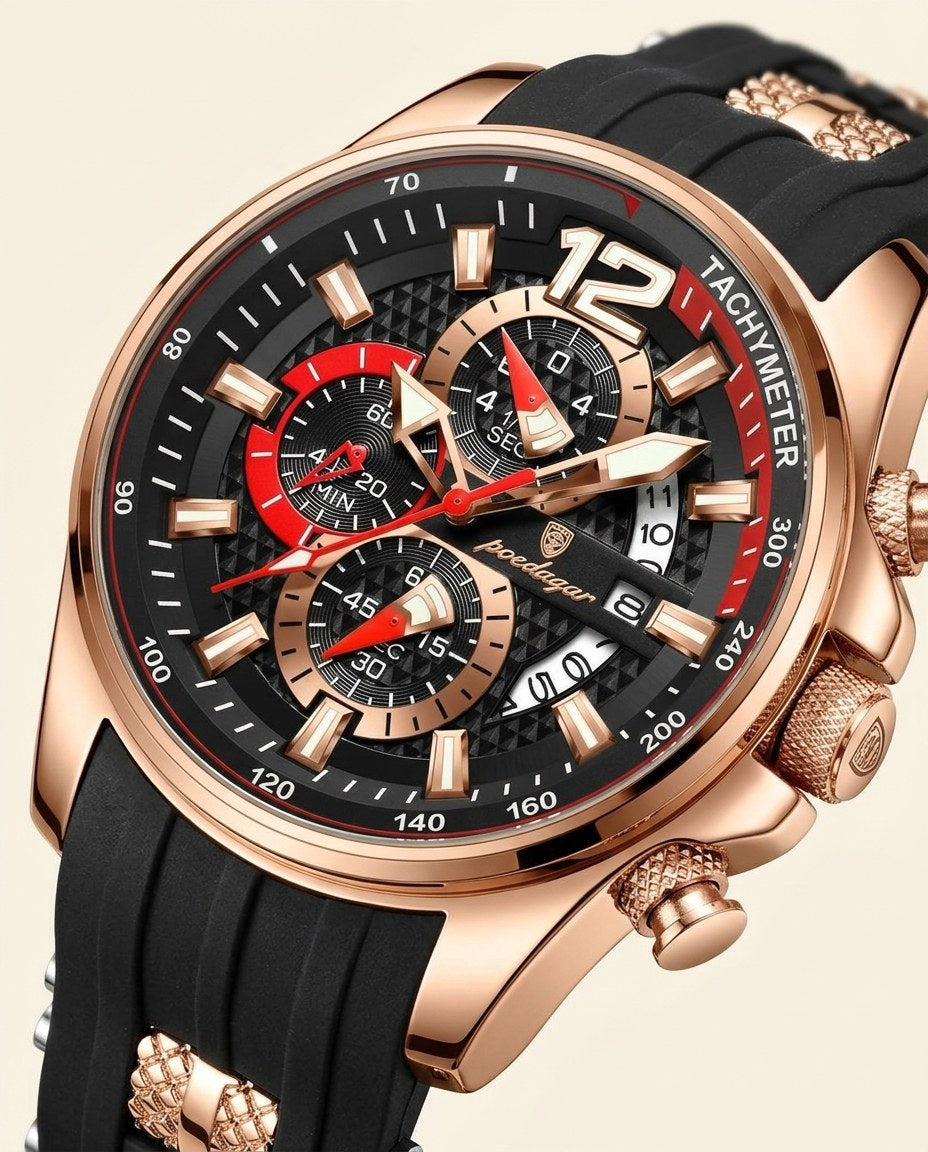 Velocity Sport Chronograph Rose Gold case, Black dial dial close-up