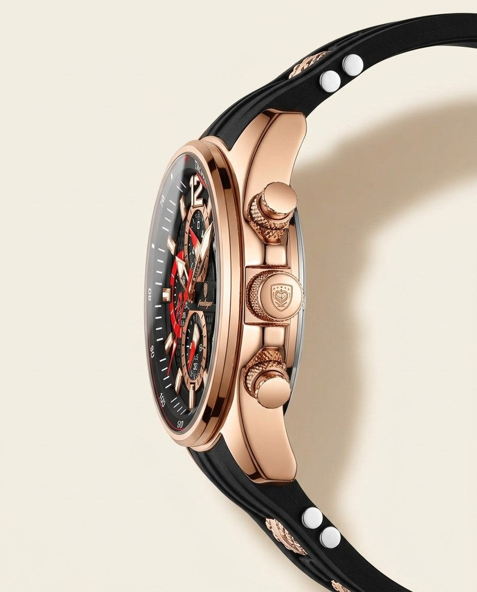Velocity Sport Chronograph Rose Gold case, Black dial crown side