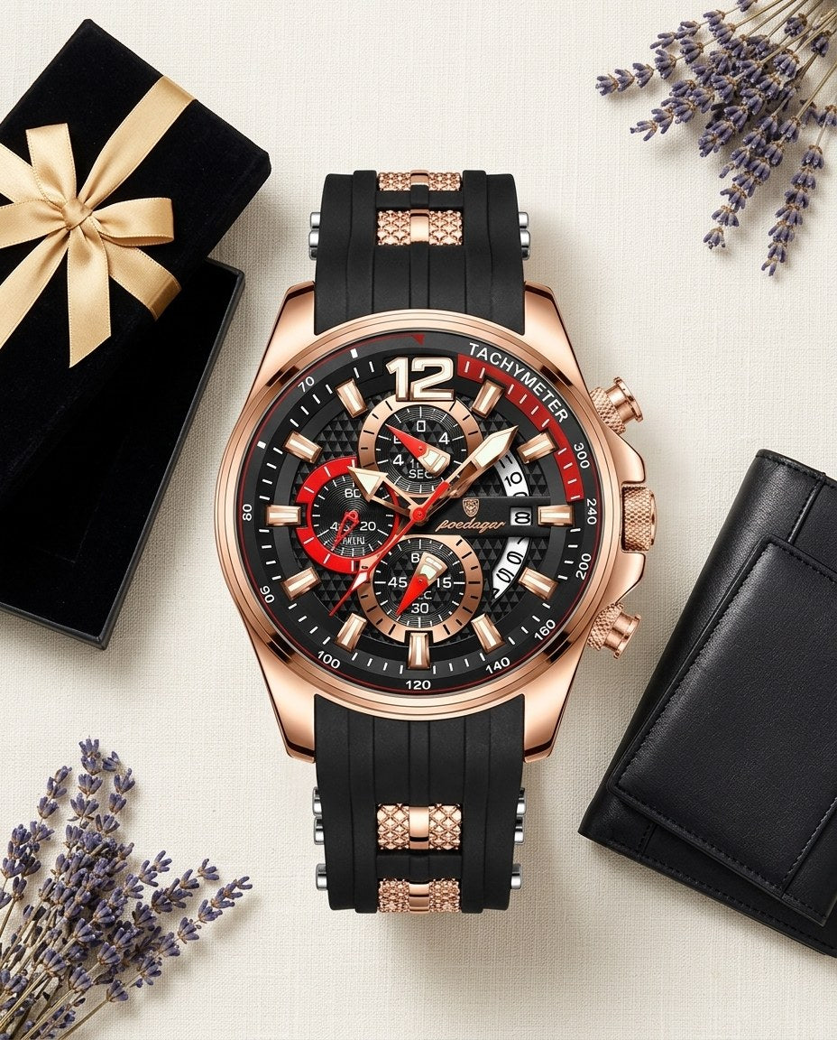Velocity Sport Chronograph Rose Gold case, Black dial flat lay