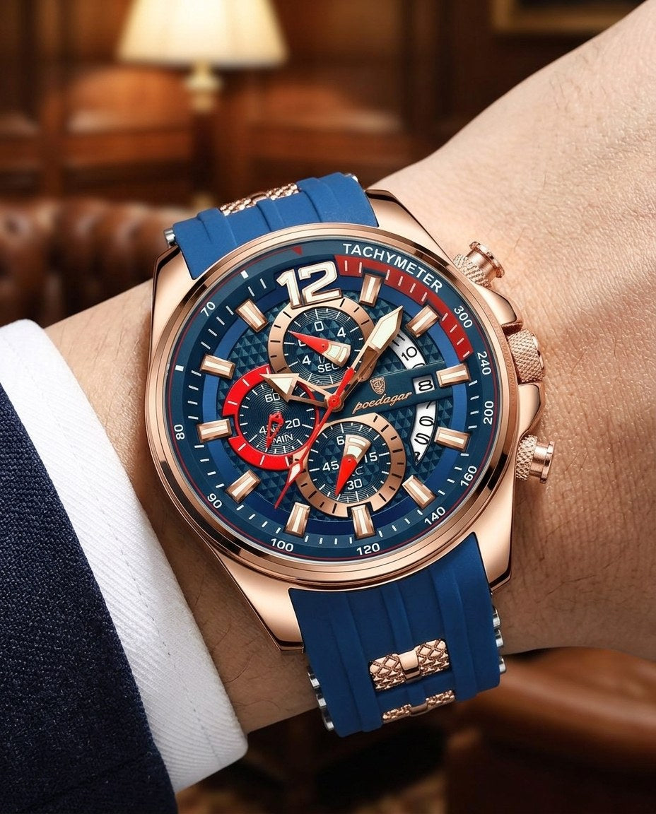 Velocity Sport Chronograph Rose Gold case, Blue dial on the wrist