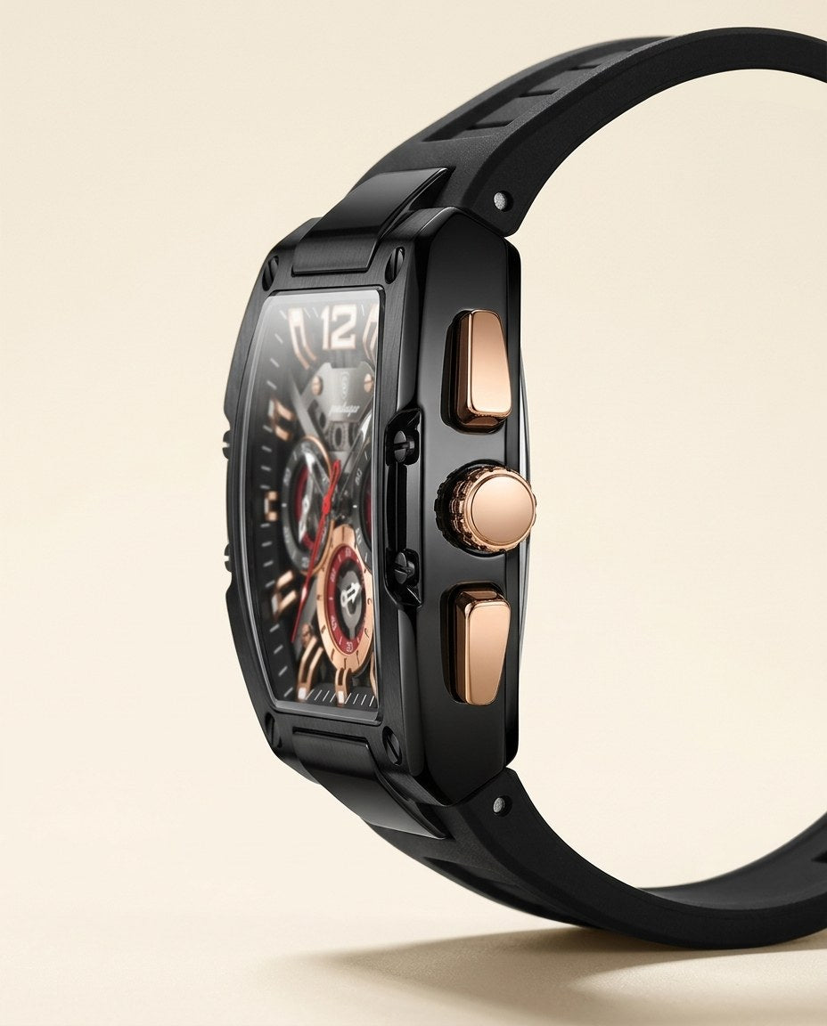 Tonneau Skeleton Sport Black case, Black dial crown side