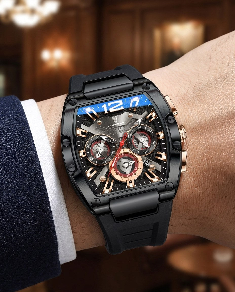 Tonneau Skeleton Sport Black case, Black dial on the wrist