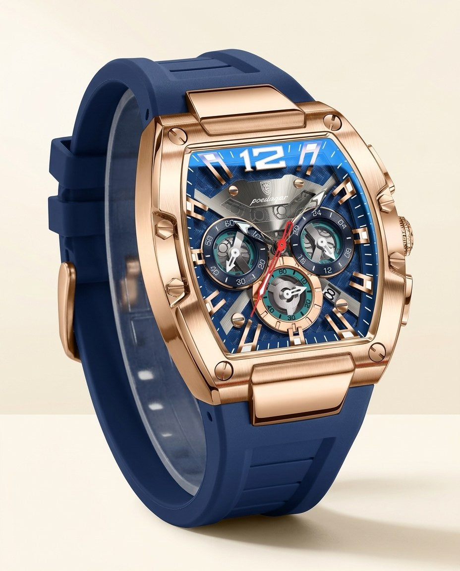 Tonneau Skeleton Sport Rose Gold case, Blue dial