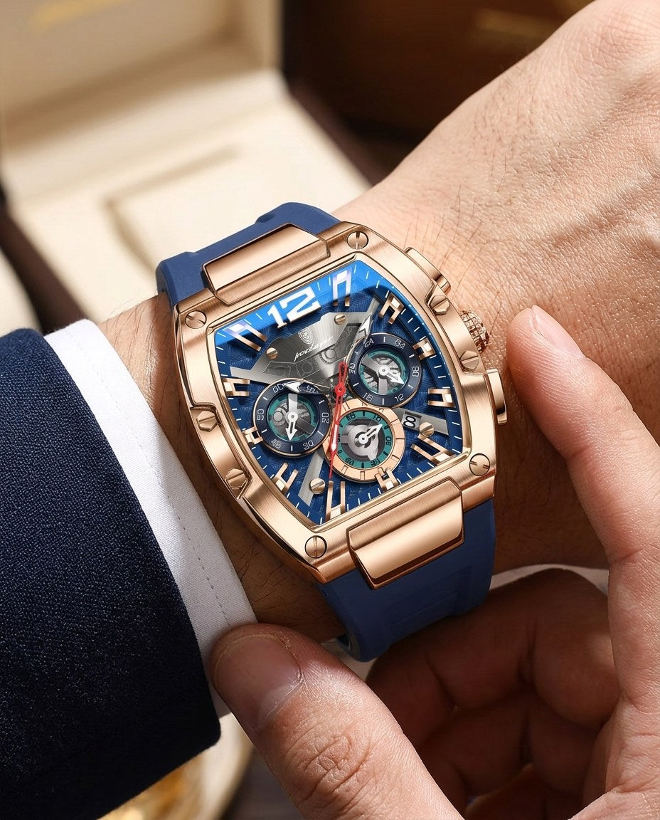 Tonneau Skeleton Sport Rose Gold case, Blue dial on the wrist