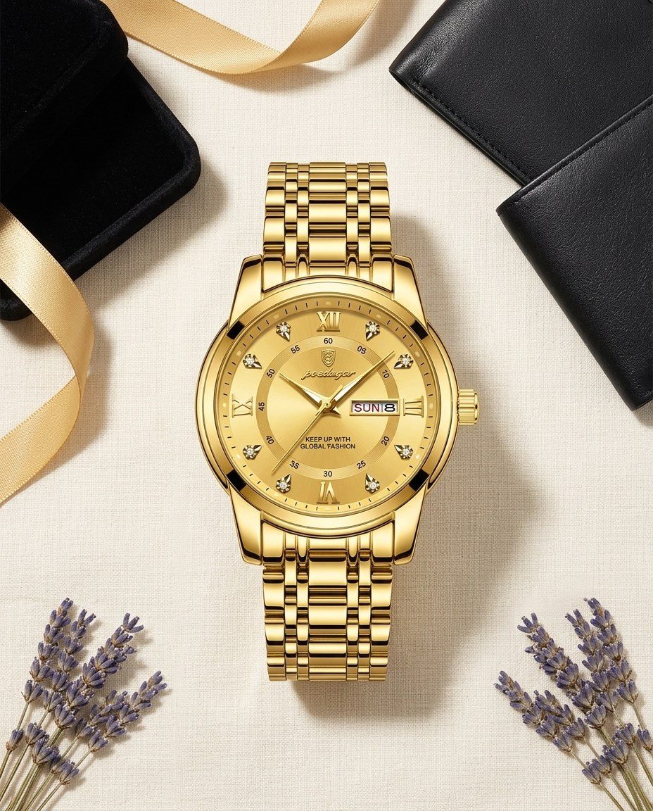 Diamond Marker Day-Date Gold case, Gold dial flat lay
