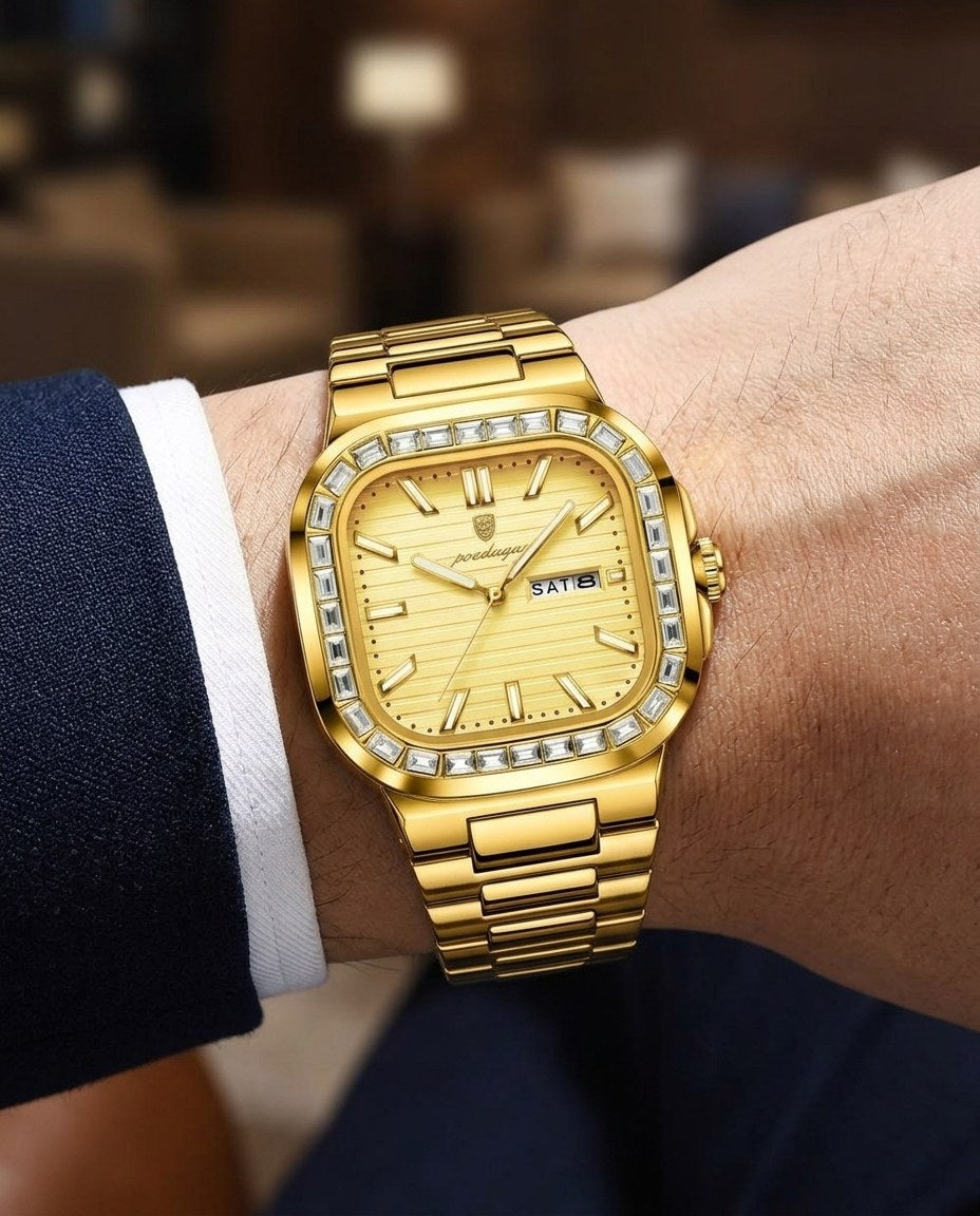 Crystal Square Day-Date Gold case, Gold dial on the wrist