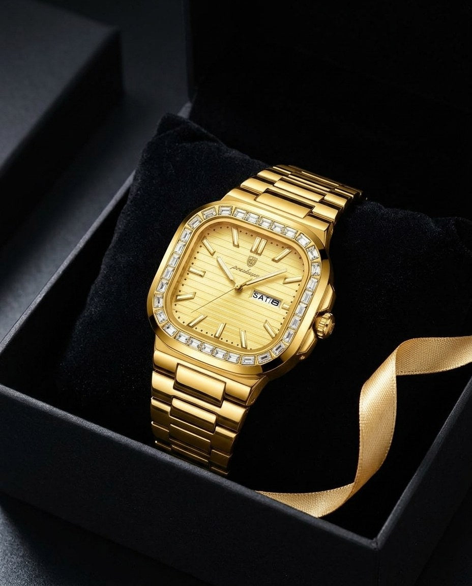 Crystal Square Day-Date Gold case, Gold dial in the gift box