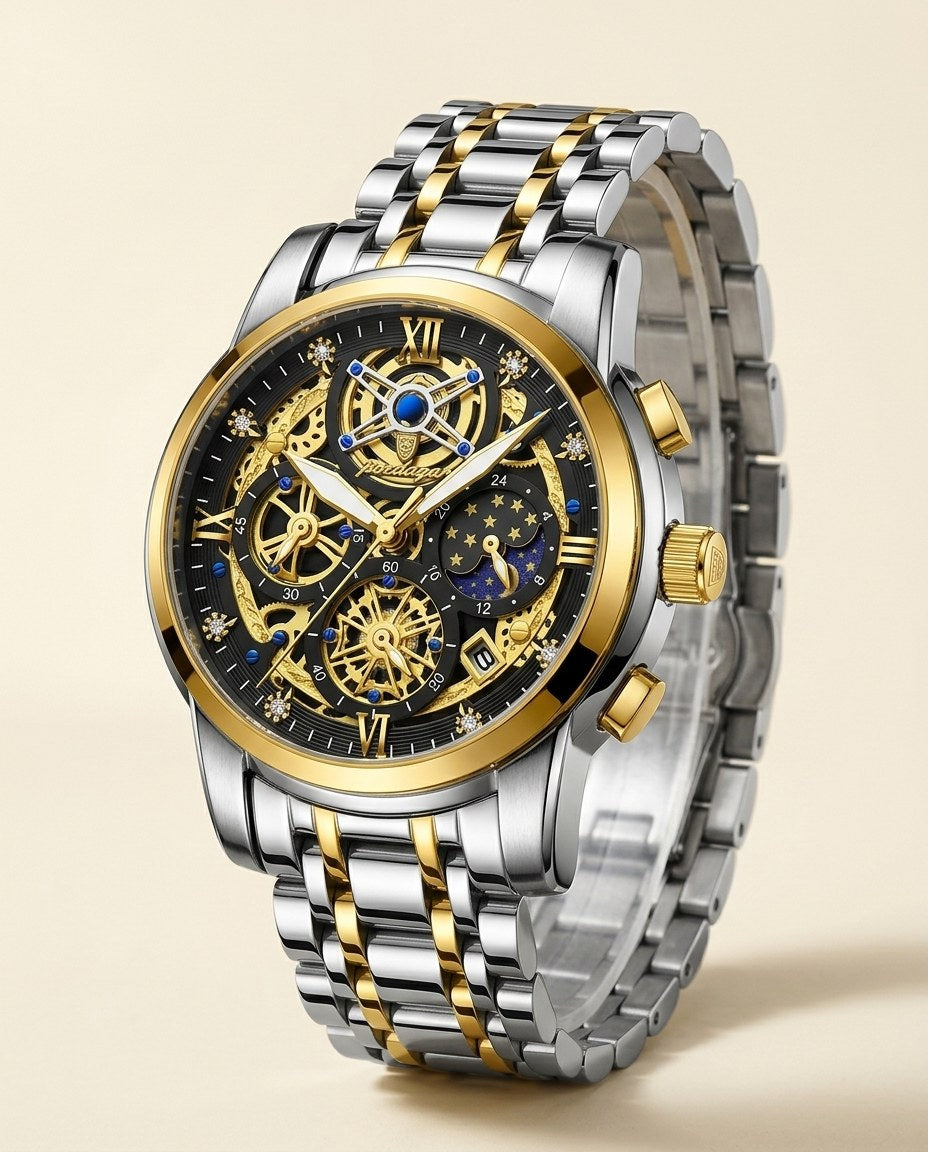 Celestial Skeleton Chronograph Gold case, Black dial hero