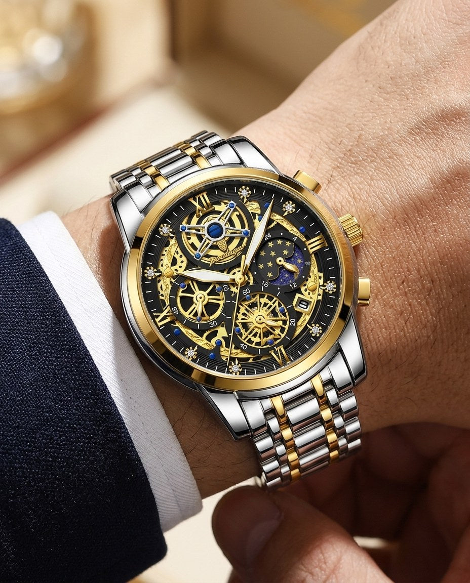 Celestial Skeleton Chronograph Gold case, Black dial on the wrist