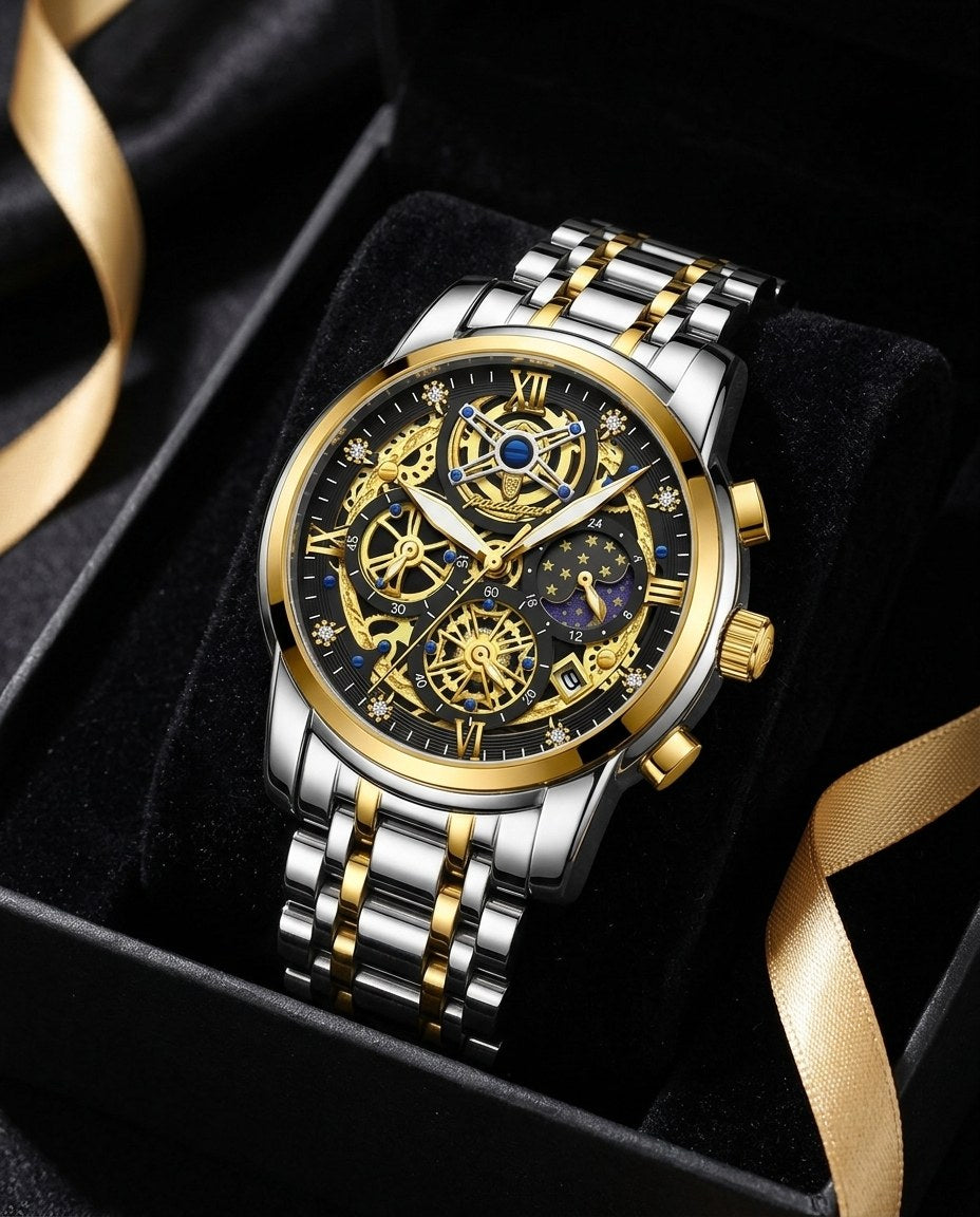 Celestial Skeleton Chronograph Gold case, Black dial in the gift box