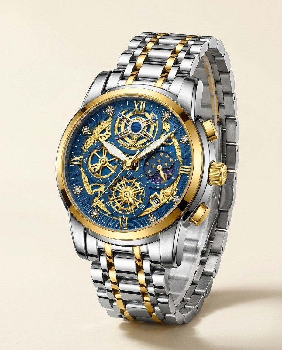 Celestial Skeleton Chronograph Gold case, Blue dial