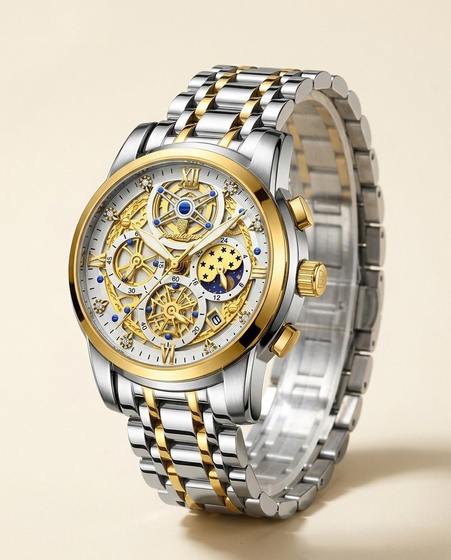 Celestial Skeleton Chronograph Gold case, White dial
