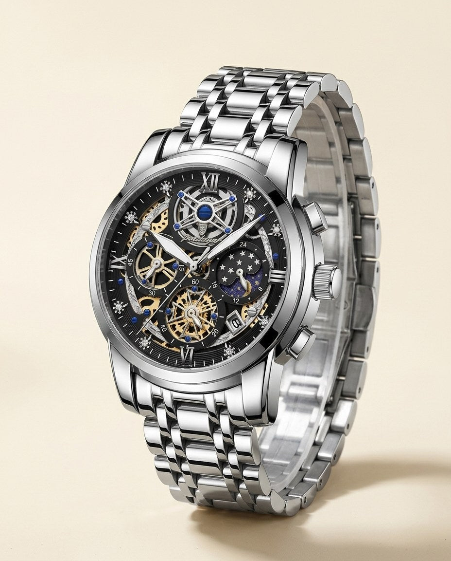 Celestial Skeleton Chronograph Silver case, Black dial