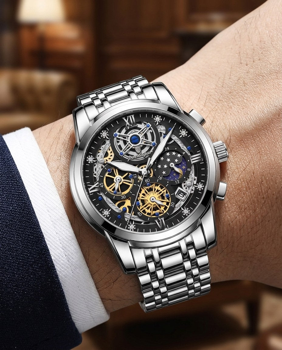 Celestial Skeleton Chronograph Silver case, Black dial on the wrist