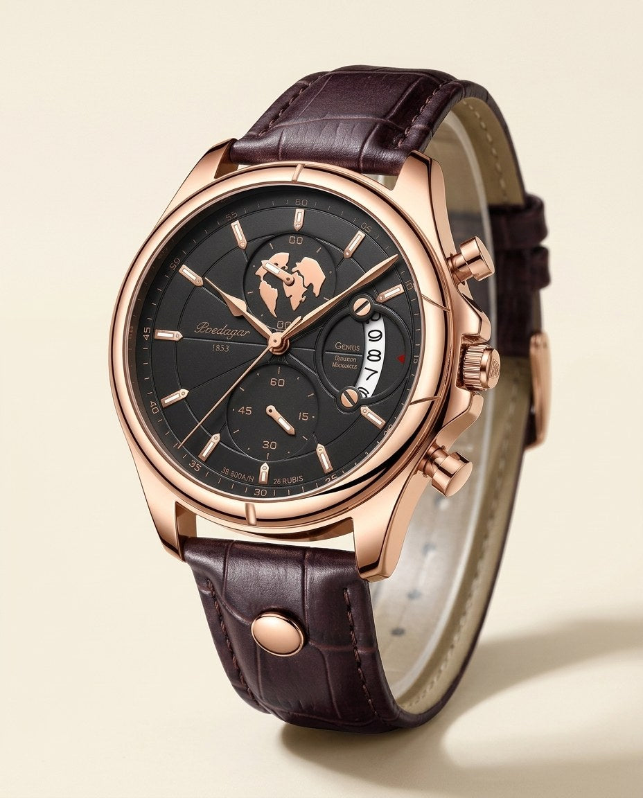 Globe Chronograph Leather Rose Gold case, Black dial hero