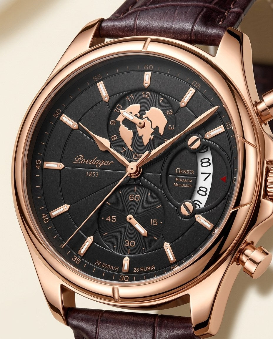 Globe Chronograph Leather Rose Gold case, Black dial dial close-up