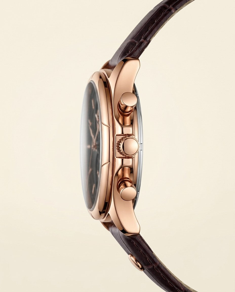 Globe Chronograph Leather Rose Gold case, Black dial crown side