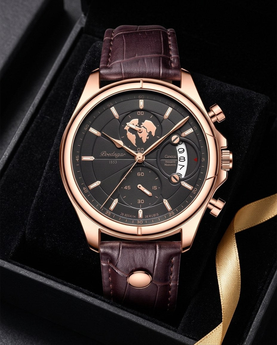 Globe Chronograph Leather Rose Gold case, Black dial in the gift box