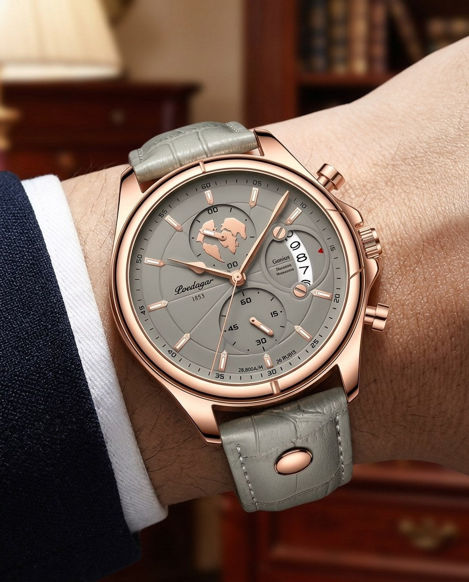 Globe Chronograph Leather Rose Gold case, Green dial on the wrist